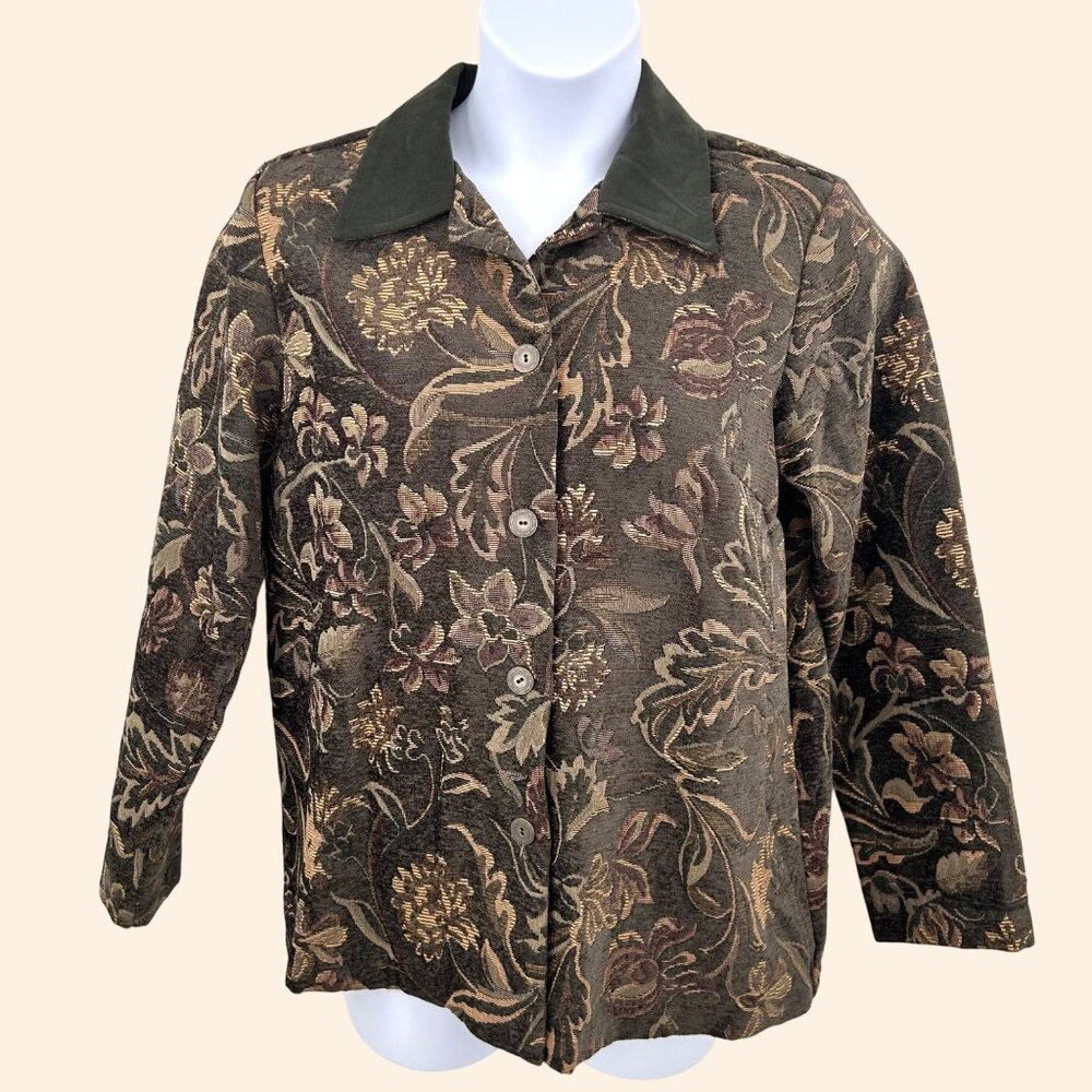 SUSAN GRAVER STYLE FLORAL TAPESTRY JAQUARD DECORATIVE BUTTON JACKET - M